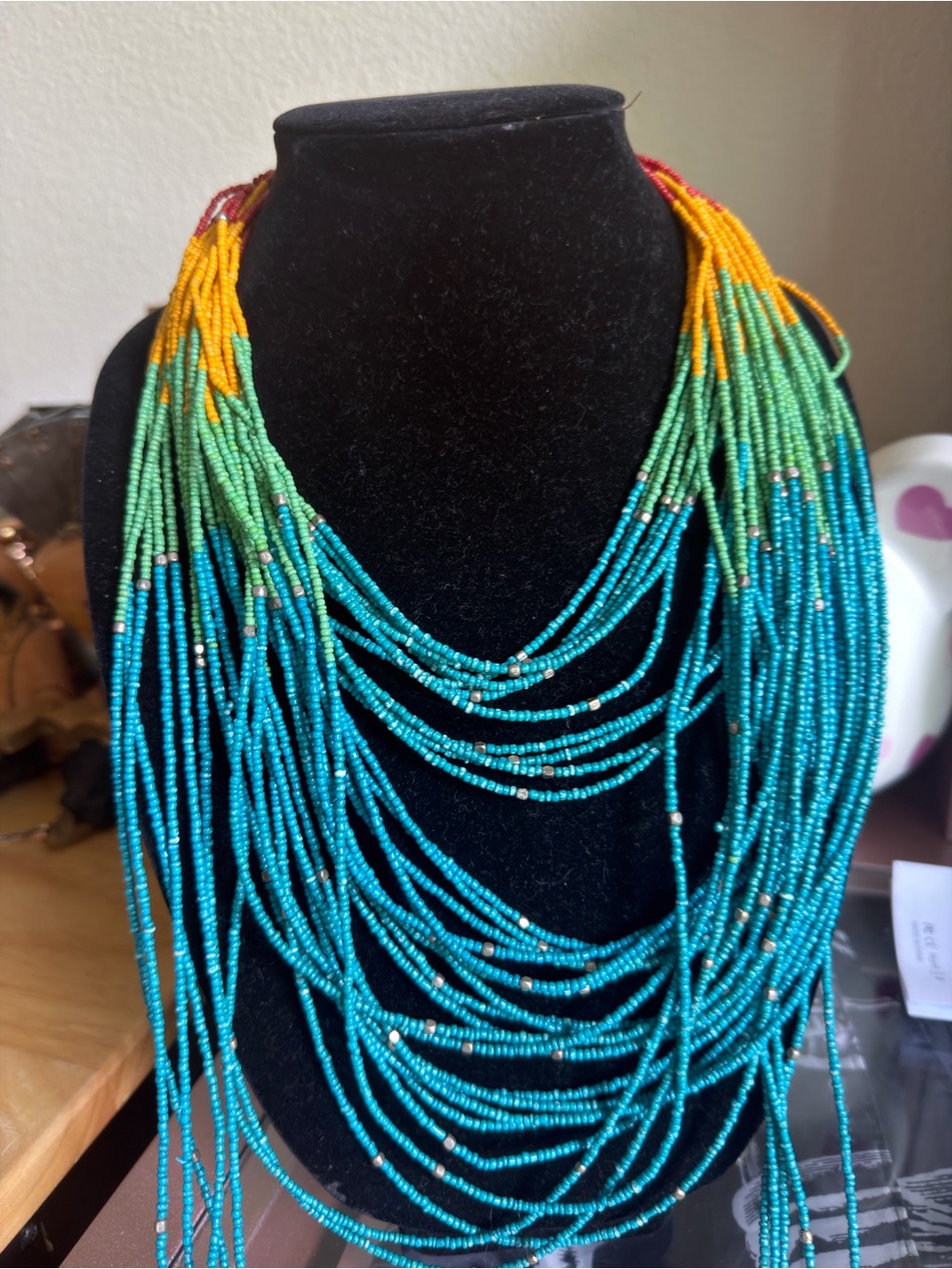 Multi-Strand Blue Green Yellow Seed Bead Necklace